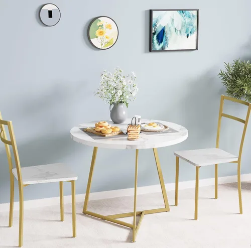 Miniatura 4 de SLKEVERSA - Juego de mesa de comedor pequeña para 2, mesa de cocina circular con 2 sillas tapizadas y respaldo, juego de mesa redonda de 3 piezas