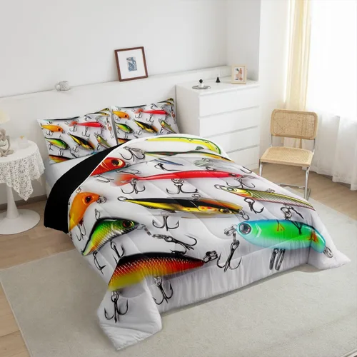 Miniatura 5 de Erosebridal Juego de ropa de cama de pesca tamaño individual, juego de edredón de peces coloridos para niños, adolescentes, hombres, pescadores