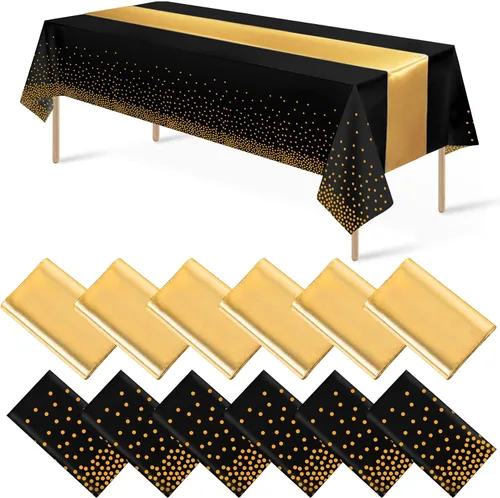 Miniatura 11 de 8 paquetes de manteles de plástico desechables y juego de camino de mesa de satén negro con dorado, mantel de satén dorado para graduación, boda