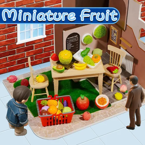 Miniatura 5 de Exasinine 33 piezas de figuras de frutas en miniatura, fresa, melocotón, uvas, mini figuras de resina, frutas artificiales para jardín, cocina