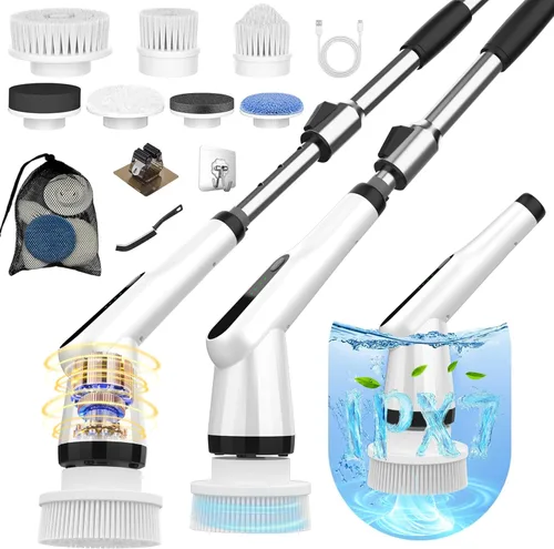Cepillo Fregador Eléctrico, Cepillo Fregador Eléctrico IPX7 para Ducha, Cepillo de Limpieza Eléctrico Fregador con 7 Cabezales de Cepillo