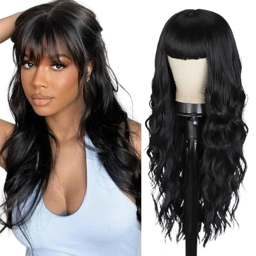 EMMOR Pelucas negras para mujer, pelucas largas y rizadas con flequillo, peluca sintética ondulada con agua, para fiestas, cosplay, uso diario