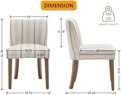 Miniatura 3 de Juego de 6 sillas de comedor de estilo rústico tapizadas de lino a rayas caqui, sillas de comedor sin brazos para el hogar, cocina, comedor, Franja
