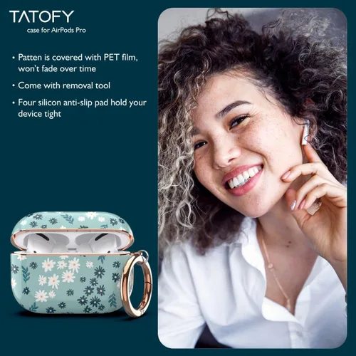 Miniatura 6 de Funda TATOFY para AirPods Pro 2019, elegante funda para AirPods Pro para mujeres y niñas, funda protectora dura con patrones florales con clip (cian)