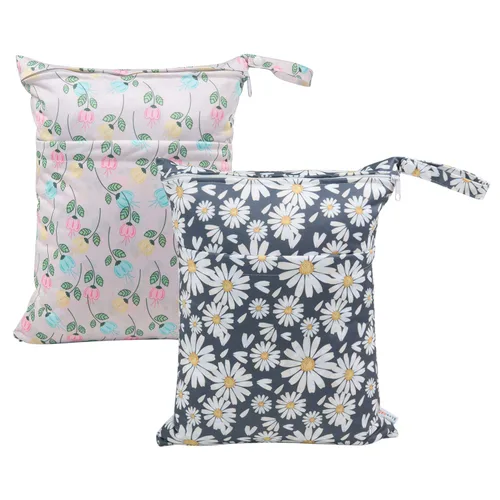 Miniatura 23 de ALVABABY 2 bolsas de pañales de tela para ropa húmeda, reutilizables con dos bolsillos con cremallera, para viajes, playa, piscina, guardería