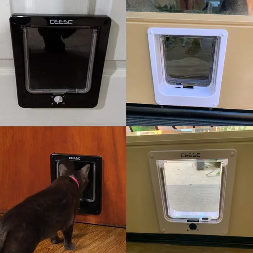 Miniatura 7 de CEESC - Puerta grande para gatos para puerta interior/exterior, resistente a la intemperie, negra, puerta para mascotas con bloqueo giratorio de 4