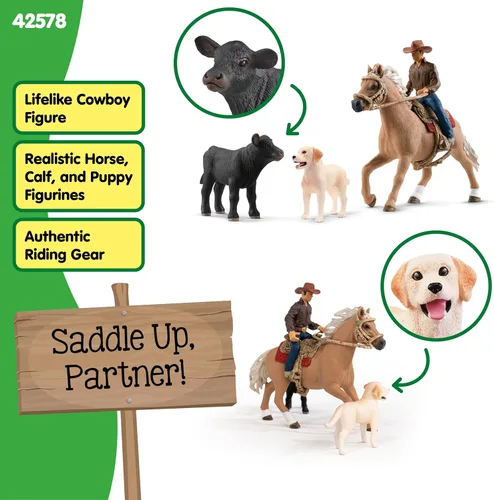 Miniatura 3 de Schleich Farm World - Juego de 6 piezas para rodeo de ternero - Figura de jinete de vaquero con figura de caballo, vaca y perro - Juguetes