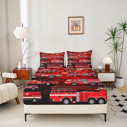 Miniatura 3 de Erosebridal Sábanas bajeras de camión de bomberos para niños, sábana bajera de panal de abejas de color rojo, tamaño individual, sábanas