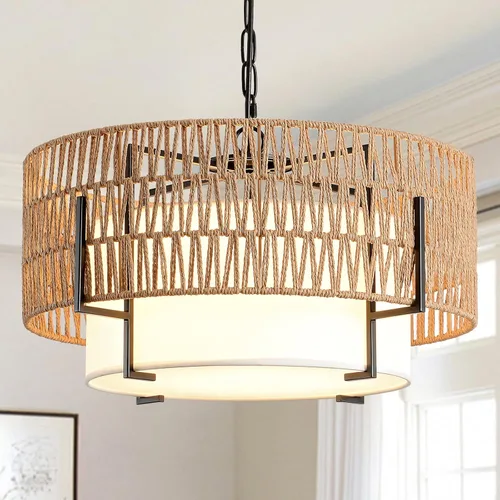 Miniatura 14 de Lámpara Colgante de Ratán, Candelabro Boho de 12.6" con Pantalla de Tela, Lámpara Colgante Estilo Granja Candelabro para Comedor, Sala de Estar