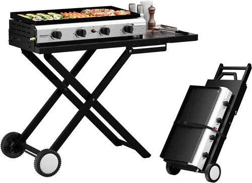 Miniatura 9 de ROVSUN Parrilla plegable de 4 quemadores de propano con ruedas, bandeja esmaltada y tapa, parrilla de gas portátil de 40,000 BTU con encendido