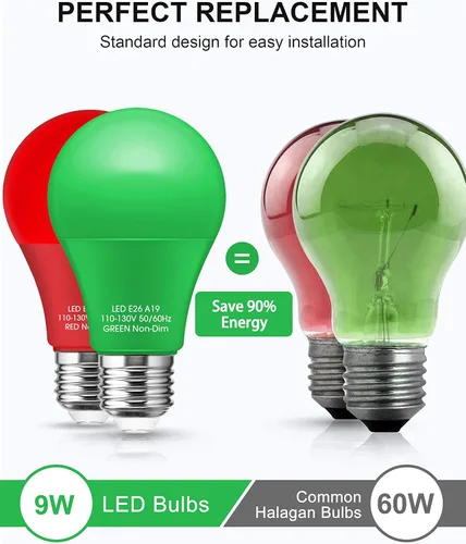 Miniatura 4 de Bombillas de Luz Roja y Verde Woxeon [Paquete de 4] – Bombillas LED A19 Rojas y Verdes de 9W (Equivalente a 60W) – Bombilla de Luz de Color con Base