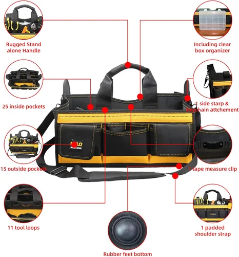 Miniatura 4 de MELOTOUGH Bolsa de herramientas para electricista con correa de hombro de 17 pulgadas, bolsa de herramientas HAVC, portador de herramientas superior