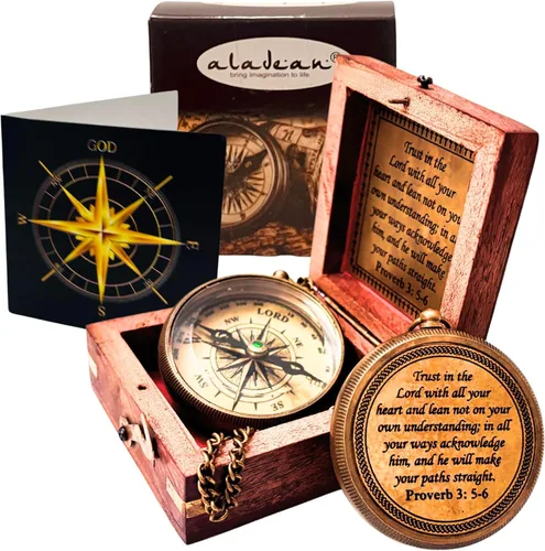 Miniatura 6 de Confía en el Señor - Proverbios 3: 5-6 Brújula grabada, Caja de madera de saludo, Regalo inspiradoral para hombres, Regalos de bautismo para niños