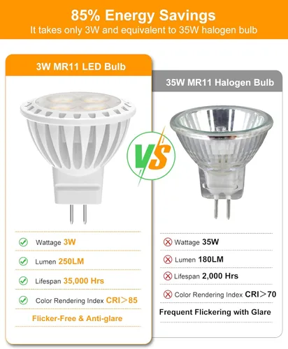 Miniatura 3 de Paquete de 6 bombillas LED MR11 de 3 W, blanco cálido 2700 K, base de dos pines GU4, foco de bajo voltaje de 12 V, no regulable, reemplazo halógeno