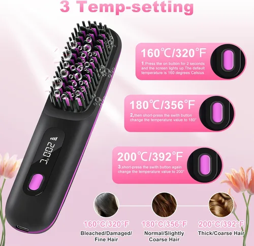Miniatura 2 de Cepillo alisador de pelo inalámbrico, alisador de pelo recargable con 3 ajustes de temperatura, cepillo alisador de cabello portátil antiquemaduras