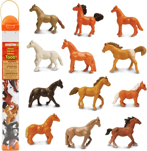 Safari Ltd. Horses TOOB - 12 mini figuras pintadas a mano incluyendo frisón, Haflinger, semental, bahía, castaño, Jutlandia, Trakehner, Clydesdale y
