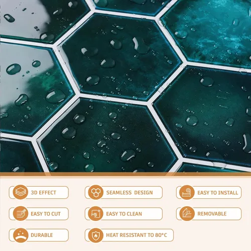 Miniatura 9 de CRE8TIVE 4 hojas de azulejos para despegar y pegar en muro para cocina, azulejos hexagonales de 12 x 12 pulgadas, color verde esmeralda
