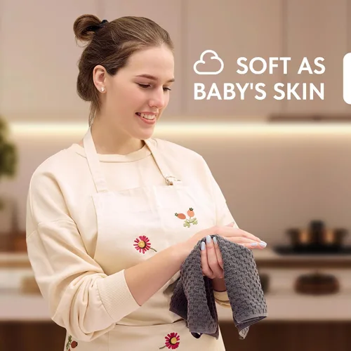 Miniatura 5 de Paquete de 12 toallas de cocina superabsorbentes, 100 % algodón, 450 GSM de grosor, lavables a máquina, color gris, para secado de cocina, limpieza