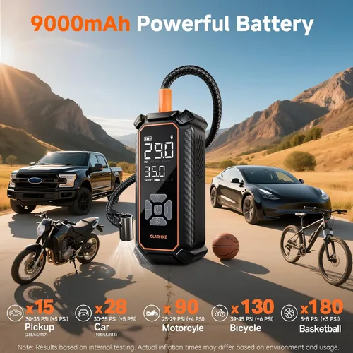 Miniatura 4 de OlarHike Inflador de neumáticos inalámbrico, compresor de aire portátil, modo de alimentación dual, 9000 mAh y 12 V CC, bomba de aire para 1-gris