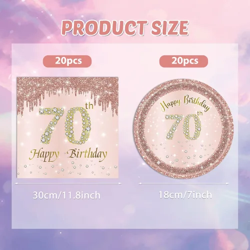 Miniatura 2 de Decoraciones de cumpleaños número 70 para mujer, decoraciones de cumpleaños número 70, platos y servilletas de oro rosa, decoraciones de cumpleaños