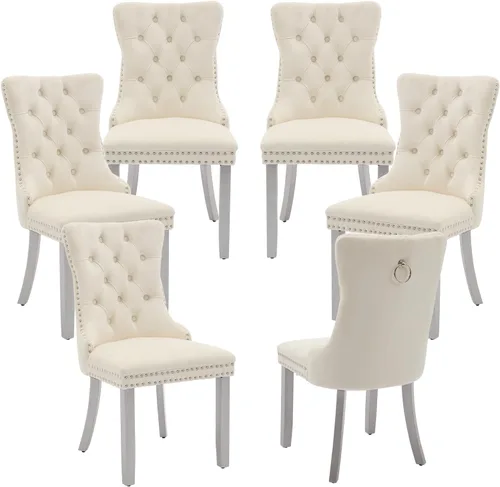 Miniatura 112 de LKTART Juego de 2 sillas de comedor de terciopelo, sillas de comedor copetudas con ribete de anillo de clavo, silla de comedor tapizada con patas