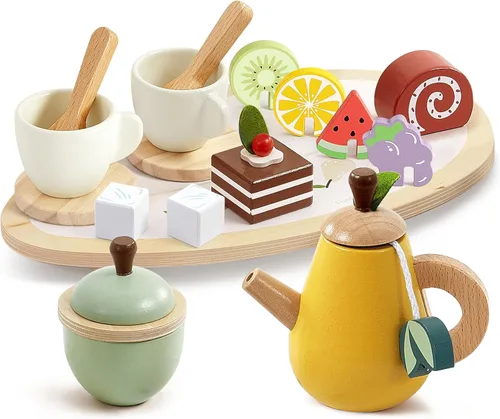 PairPear Juego de fiesta de té de madera para niñas pequeñas, juegos de té para niños pequeños de 3 a 5 años, 20 piezas, juego de té de frutas,