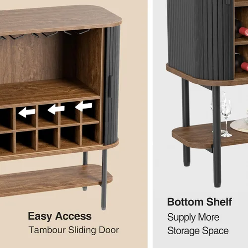 Miniatura 6 de FiveWillowise Gabinete de Bar de Café Negro con Almacenamiento, Gabinete de Licores y Vinos Acanalado con Puertas Corredizas, Portavasos