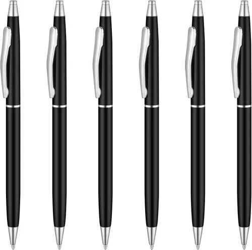 Unibene 6 bolígrafos retráctiles metálicos delgados – negro mate y plateado, bonito regalo para negocios, oficina, estudiantes, profesores, bodas,