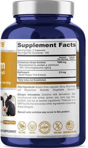 Miniatura 2 de NusaPure Calostro 1050 mg 30% IgG 200 cápsulas (sin OMG y sin gluten) con bioperina