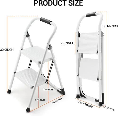 Miniatura 7 de Taburete para adultos, escalera de 2 escalones plegable de 330 libras, taburete antideslizante plegable, ergonómico, de acero con pedal ancho