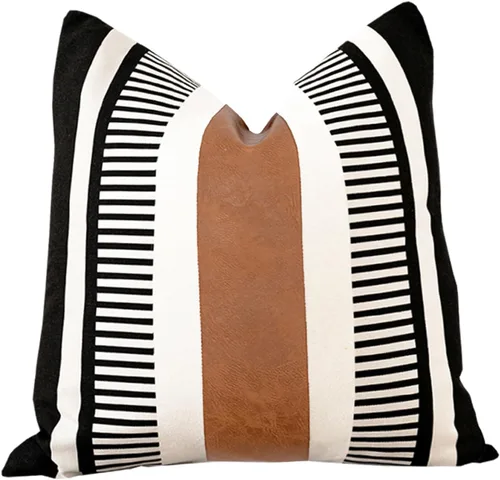 Miniatura 30 de Funda de almohada bohemia de color blanco y negro con piel, funda de cojín moderna de 22 x 22 pulgadas, funda de almohada de rayas estilo campestre