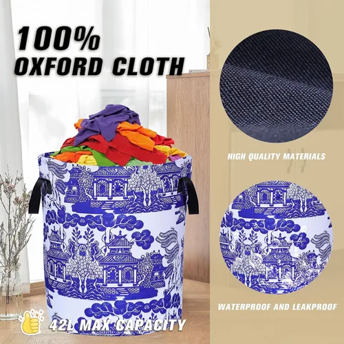 Miniatura 6 de Cesta de lavandería de porcelana blanca y azul chinoiserie, plegable, de tela Oxford, divertida bolsa de lavandería, cesta de almacenamiento