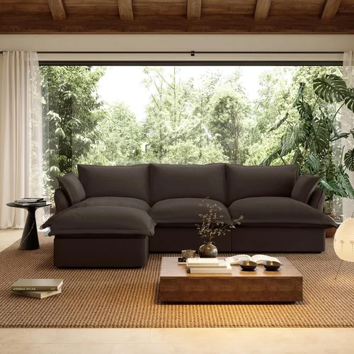 Miniatura 34 de Sofá modular de mezcla de lino para sala de estar, cómodo sofá modular con relleno de plumón, moderno sofá cama convertible con asiento profundo