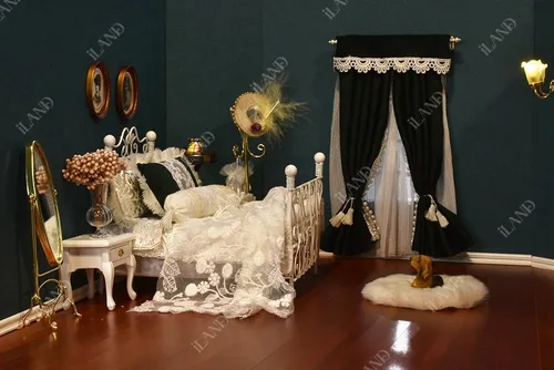Miniatura 7 de iLAND Muebles y accesorios para casa de muñecas a escala 1:12, perchero en miniatura y espejo completo (color dorado)