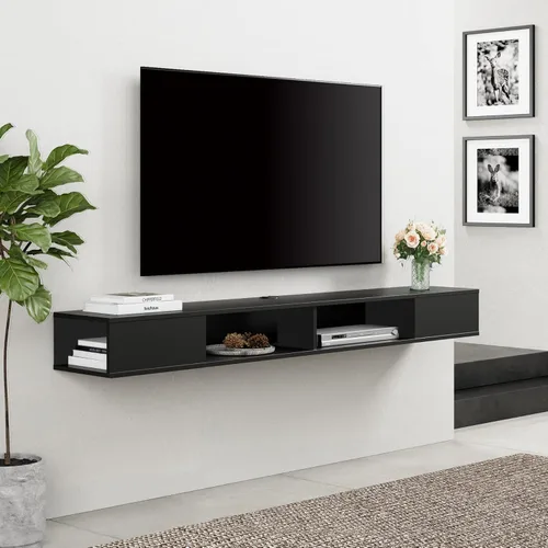 Miniatura 3 de WAMPAT Soporte de TV flotante negro de 70 pulgadas, centro de entretenimiento de montaje en pared para TV de 75 pulgadas, consola multimedia