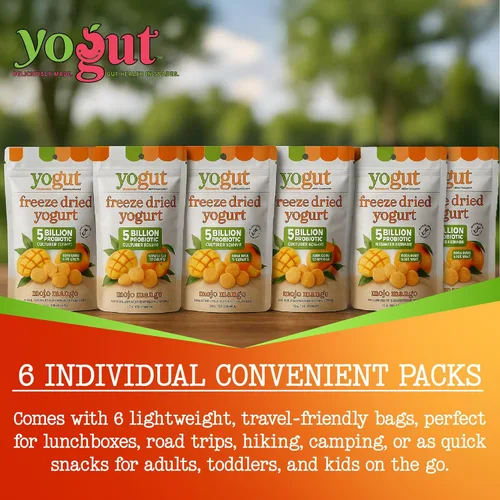 Miniatura 7 de YoGut Bocadillo de yogur liofilizado, mango, paquete de 6, aperitivos saludables para niños, niños pequeños y adultos, sin gluten, sin OMG, con 5