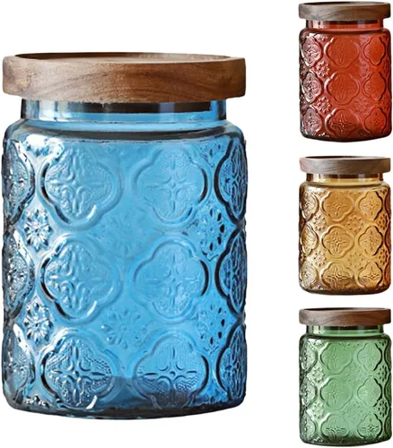 Miniatura 18 de Tarro de almacenamiento de vidrio vintage con tapa de madera maciza, recipiente de cocina con diseño de girasol para café, dulces, detergente