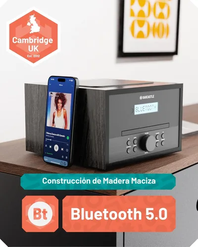Miniatura 2 de Sistema de estéreo para el hogar con reproductor de CD, Bluetooth y radio Radio FM de 40W, construcción en madera maciza, 30 preajustes y alarma