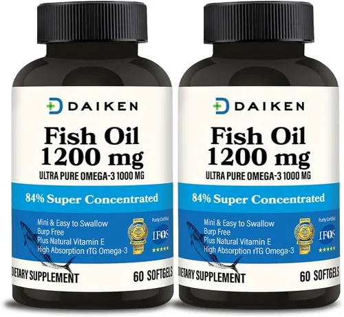 DAIKEN Mini aceite de pescado de 1200 mg, rTG Omega 3 1000 mg, 60 cápsulas blandas, aceite de pescado de alta absorción y sin eructos para un