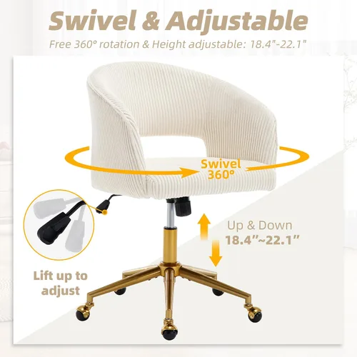 Miniatura 3 de Silla de escritorio ABET con ruedas, silla de oficina de corduroy, silla giratoria con base dorada, sillas acentuadas modernas tapizadas, respaldo