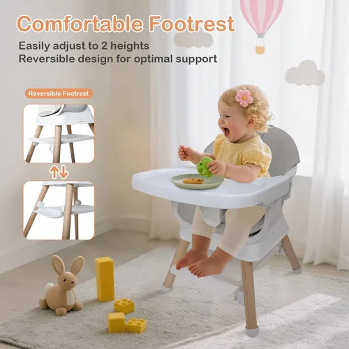Miniatura 6 de Silla alta convertible 9 en 1 con asiento elevador, trona de madera para bebés y niños pequeños con bandeja extraíble y arnés de 5 puntos, asiento