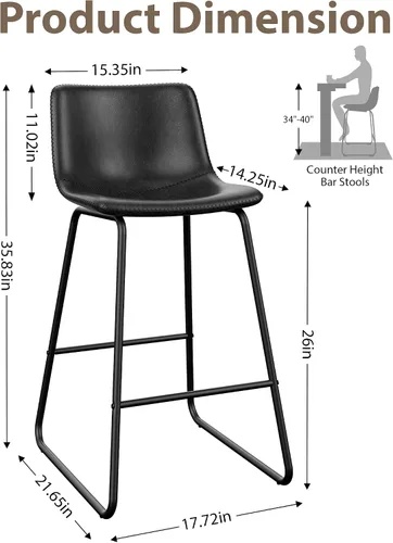 Miniatura 2 de Juego de 2 Taburetes de Bar, Taburetes de Bar de Altura de Mostrador de 26 Pulgadas con Respaldo, Taburetes de Bar Modernos de Cuero Sintético