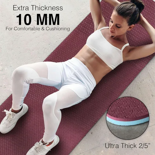 Miniatura 5 de Tapete de yoga para ejercicios extra grueso con correa - 2/5 pulgadas (10 mm), tapete antideslizante para entrenamiento de yoga, pilates y Rojo