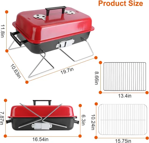 Miniatura 5 de TeqHome Parrilla de carbón portátil con tapa, parrilla de barbacoa de mesa mejorada para exteriores, parrilla plegable para cocinar al aire libre