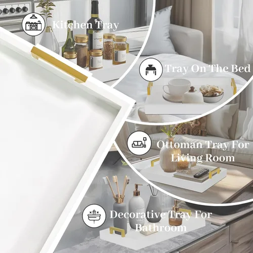 Miniatura 7 de MAONAME Bandeja de Servir de Madera con Asas, Bandeja Decorativa Blanca para Mesa de Café, Bandeja Rectangular Moderna, Bandeja Otomana de Madera