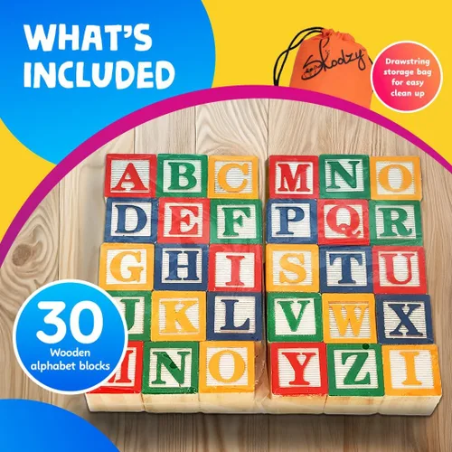 Miniatura 7 de 30 bloques con letras de colores de Skoolzy Juguete de construcción en madera ABC, para bebés, guarderías y preescolar Bloques de madera de lectura