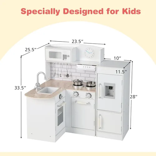 Miniatura 7 de HONEY JOY Juego de cocina esquinera para niños, cocina de madera para niños pequeños, dispensador de agua, microondas, campana extractora
