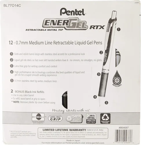 Miniatura 2 de Pentel EnerGel bolígrafo retráctil de gel líquido perlados, 0.7mm tinta negro/azul/violeta, paquete de 12 unidades (BL77W12C), Negro/Azul