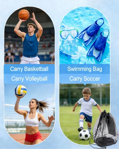 Miniatura 7 de 2Pcs Single Mesh Ball Bag for Basketball Soccer & Volleyball, Lightweight Net Storage with Zipper Pocket for Sports, Portable Drawstring Bags with