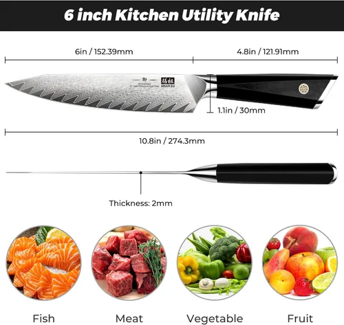 Miniatura 4 de SHAN ZU - Cuchillo de chef de Damasco de 6 pulgadas, cuchillo de cocina de acero japonés de 67 capas 10Cr15CoMoV, cuchillo de chef japonés súper